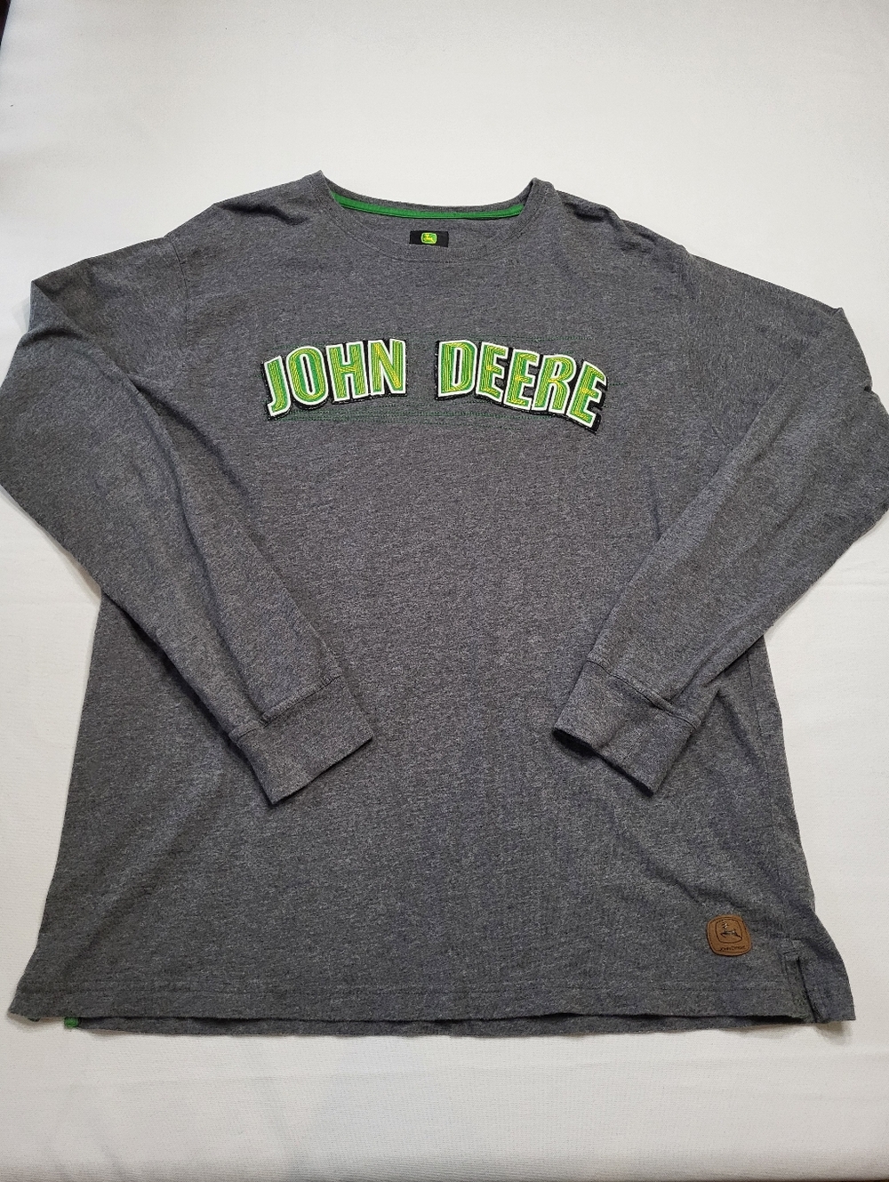John Deere Men's Grey Green Embroidered Logo Long Sleeved Cotton Shirt Large